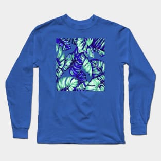 Tropical Leaves Of Banana and Monstera Blue Aqua Cut Out Long Sleeve T-Shirt